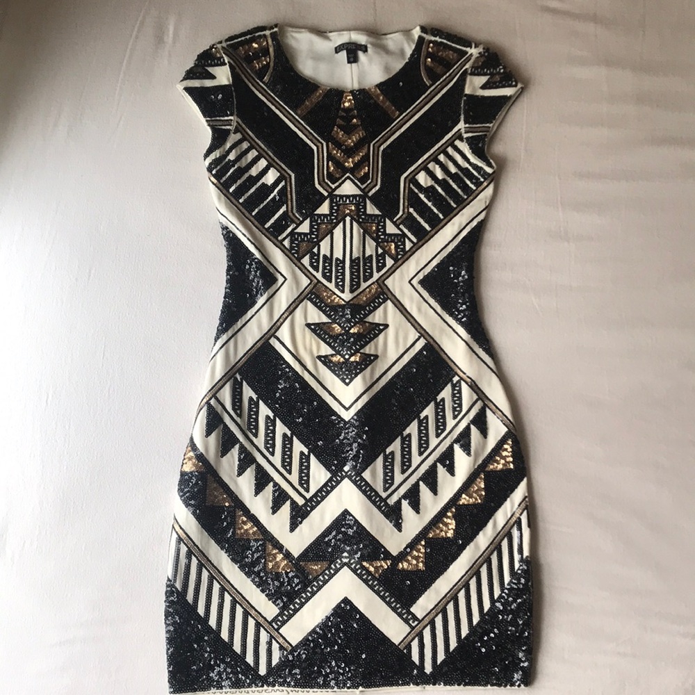 Black, White & Gold Mini Sequins Dress